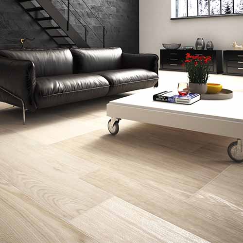 Amazonia Paraiba White WoodLook Tile Plank in a Contemporary Living Space